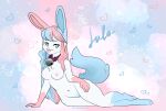  anthro bell bell_collar blue_hair breasts collar colorful colorful_background eeveelution female genitals hair hi_res lying mochasox nintendo nipples nude pink_hair pok&eacute;mon pok&eacute;mon_(species) pok&eacute;morph pussy raised_tail solo sylveon tongue tongue_out video_games white_body 