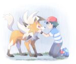  1boy ash_ketchum bangs black_hair blue_footwear from_side grin hat highres kneeling lycanroc lycanroc_(dusk) male_focus mei_(maysroom) outdoors pants pokemon pokemon_(anime) pokemon_(creature) pokemon_sm_(anime) rain red_headwear shirt shoes short_hair short_sleeves smile striped striped_shirt t-shirt teeth 