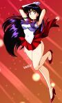  1girl 2022 absurdres armpits arms_up bishoujo_senshi_sailor_moon breasts choker circlet covered_navel danmakuman earrings elbow_gloves full_body gloves high_heels highres hino_rei jewelry long_hair medium_breasts miniskirt pleated_skirt purple_eyes purple_hair red_background red_choker red_skirt sailor_mars signature skirt solo stud_earrings super_sailor_mars very_long_hair white_gloves 