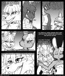  2018 absurd_res anthro breasts canid canine choker clothing comic cross-popping_vein dragon dress english_text female fox group hair hi_res if_hell_had_a_taste jewelry lagomorph leporid male mammal midriff monochrome muscular muscular_anthro muscular_male navel necklace one_eye_closed open_mouth purse rabbit scales scar shirt skylar_fidchell taffy_(viroveteruscy) text tiffany_brewwer topwear trio viroveteruscy wink 