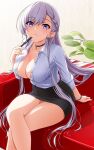  1girl alternate_costume arm_support azur_lane bangs belfast_(azur_lane) black_skirt braid breasts cleavage closed_mouth collarbone collared_shirt couch crossed_legs french_braid grey_hair hair_between_eyes highres holding holding_pen korean_commentary large_breasts leaf long_hair long_sleeves looking_at_viewer ma_giju office_lady partially_unbuttoned pen pencil_skirt purple_eyes shadow shirt sidelocks sitting skirt smile solo watch white_shirt wristwatch 