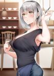  1girl absurdres apron armpits bangs black_shirt blurry blurry_background blush breasts cafe ceiling_light chair clothes_pull collarbone commentary_request counter denim ear_piercing grey_hair hair_between_eyes highres holding holding_pen indoors jeans large_breasts len_(hand_linke) original pants parted_lips pen piercing shirt shirt_pull short_hair sleeveless sleeveless_shirt standing sweat yellow_eyes 