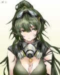  1girl absurdres arknights bare_shoulders breasts cleavage closed_mouth gas_mask gavial_(arknights) gavial_the_invincible_(arknights) goggles goggles_on_head gradient gradient_background green_background green_hair highres large_breasts long_hair looking_away looking_to_the_side mask mask_around_neck pointy_ears ponytail scar scar_on_face sketch sleeveless solo upper_body yellow_eyes yuukiey 