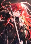  ahoge alastor_(shakugan_no_shana) black_bodysuit black_coat bodysuit coat cowboy_shot flat_chest hair_between_eyes highres jewelry katana long_hair looking_at_viewer navel pendant red_eyes red_hair shakugan_no_shana shana solo sword tachitsu_teto weapon 