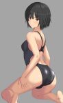 1girl absurdres amagami ass barefoot black_hair black_swimsuit breasts brown_eyes commentary_request competition_swimsuit from_behind highres kneeling looking_at_viewer looking_back mitojyaneeeeyo nanasaki_ai one-piece_swimsuit short_hair small_breasts solo swimsuit two-tone_swimsuit 