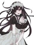  :d alternate_costume apron bandaged_arm bandages bangs black_dress black_ribbon blush breasts brown_eyes brown_hair chain chained collar collarbone commentary_request danganronpa_(series) danganronpa_2:_goodbye_despair dress enmaided highres large_breasts long_hair maid maid_headdress messy_hair metal_collar mole mole_under_eye neck_ribbon open_mouth puffy_short_sleeves puffy_sleeves ribbon shiny shiny_hair short_sleeves simple_background smile tsumiki_mikan waist_apron white_background yuju_(yuju1ike) 