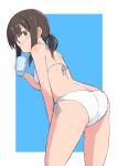  1girl ass bikini black_eyes black_hair drink drinking_straw from_behind fubuki_(kancolle) halterneck kantai_collection kugui_kiyunemu leaning_forward long_hair looking_at_viewer looking_back low_ponytail ponytail short_ponytail side-tie_bikini sidelocks solo standing string_bikini swimsuit white_bikini 