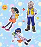  1girl 2boys arven_(pokemon) bangs berry_(pokemon) black_footwear black_hair black_pantyhose blue_headwear blue_necktie blue_pants boots brown_eyes brown_hair closed_mouth collared_shirt eneko_(olavcnkrpucl16a) gloves green_hair hat highres holding holding_poke_ball looking_at_viewer male_protagonist_(pokemon_sv) multicolored_hair multiple_boys necktie nemona_(pokemon) orange_necktie orange_shorts outline pants pantyhose patterned_background pawmi poke_ball poke_ball_(basic) pokemon pokemon_(creature) pokemon_(game) pokemon_sv ponytail shirt shoes short_hair short_sleeves shorts single_glove smile socks streaked_hair vest yellow_vest 
