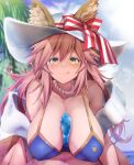  1boy 1girl animal_ears asahi_(fullmetal_madness) bangs between_breasts bikini blue_bikini bow breasts closed_mouth collarbone commentary_request covered_nipples day ears_through_headwear fate/grand_order fate_(series) fox_ears hair_between_eyes hat hat_bow hetero huge_breasts jewelry leaning_forward licking_lips long_hair looking_at_viewer lying necklace on_back palm_tree pink_hair pov solo_focus straddling striped striped_bow sun_hat swimsuit tamamo_(fate) tamamo_no_mae_(fate/extra) tamamo_no_mae_(swimsuit_lancer)_(fate) tongue tongue_out tree white_headwear yellow_eyes 