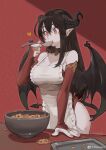 1girl absurdres apron baking_sheet black_hair black_horns bowl breasts bridal_gauntlets chocolate_chip_cookie choker cookie cowboy_shot demon_girl demon_horns demon_tail demon_wings eating elbow_gloves food gloves hand_up heart highres horns jun_(seojh1029) large_breasts long_hair original pink_nails pointy_ears red_background red_eyes shadow signature solo spoon table tail weibo_logo weibo_username white_apron wings 