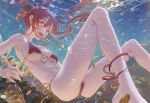  1girl armpits bangs bare_shoulders bikini blush breasts bubble fang hair_ribbon heterochromia highres hololive houshou_marine hxxg large_breasts long_hair looking_at_viewer ocean open_mouth red_bikini red_eyes red_hair ribbon skin_fang smile solo swimsuit twintails underwater virtual_youtuber yellow_eyes 
