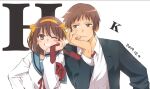  1boy 1girl armband bangs blazer blue_sailor_collar blush brown_eyes brown_hair closed_mouth commentary_request dated green_jacket h hairband holding holding_necktie iriko_(mjeclxlufqrlzcf) jacket kita_high_school_uniform kyon long_sleeves necktie one_eye_closed open_clothes open_jacket paperclip red_necktie red_ribbon ribbon sailor_collar school_uniform serafuku shirt short_hair simple_background suzumiya_haruhi suzumiya_haruhi_no_yuuutsu teeth upper_body white_background white_shirt 