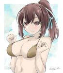  1girl bikini breasts brown_bikini brown_eyes brown_hair cleavage commentary_request gakky hair_ribbon ise_(kancolle) kantai_collection large_breasts looking_at_viewer one-hour_drawing_challenge ponytail ribbon short_hair sidelocks solo swimsuit upper_body 