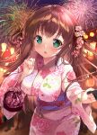  1girl :o bangs breasts brown_hair commentary_request covered_nipples drawstring_bag fireworks floral_print flower green_eyes hair_flower hair_ornament highres holding holding_handkerchief japanese_clothes kimono lantern large_breasts long_hair looking_at_viewer mikeou night open_mouth original pink_kimono print_kimono solo standing summer_festival watermark yukata 