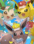  :d brown_eyes clothed_pokemon commentary_request confetti eevee fangs hat hatted_pokemon jolteon kikuyoshi_(tracco) leafeon no_humans open_mouth pokemon pokemon_(creature) smile tongue white_jabot wristband yellow_headwear 