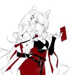  1girl absurdres animal_ear_fluff animal_ears arknights black_skirt breasts cleavage envelope extra_ears highres holding holding_envelope long_hair looking_at_viewer partially_colored pink_eyes pozyomka_(arknights) red_skirt shuiyixiaoya simple_background skirt small_breasts solo white_background wolf_ears wolf_girl 