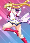  1girl 2022 absurdres ass bishoujo_senshi_sailor_moon blonde_hair blue_eyes boots bow circlet crescent crescent_earrings danmakuman double_bun earrings elbow_gloves gloves hair_bun high_heel_boots high_heels highres jewelry knee_boots miniskirt open_mouth panties pantyshot pleated_skirt sailor_moon see-through signature skirt smile solo super_sailor_moon tsukino_usagi twintails underwear white_bow white_gloves 