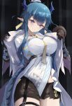  1girl arknights bangs black_background black_shorts blue_eyes blue_hair breasts coat commentary_request cowboy_shot eicyan123 head_tilt highres horns large_breasts ling_(arknights) long_hair necktie open_clothes open_coat pointy_ears shirt shorts single_horn solo standing thighs white_coat white_shirt yellow_necktie 