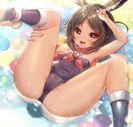  1girl animal_ear_fluff animal_ears arm_up armpits ass azur_lane bare_shoulders blue_swimsuit breasts brown_eyes brown_hair cameltoe covered_navel dark-skinned_female dark_skin hand_on_own_head highres i-26_(azur_lane) kneepits legs legs_up lying on_back one-piece_swimsuit open_mouth partially_submerged rabbit_ears rabbit_girl rabbit_tail short_hair small_breasts smile solo spread_legs strapless strapless_swimsuit swimsuit tail thighs water yufukiri 