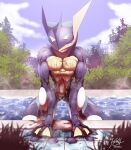  2021 3_fingers abs amphibian animal_genitalia animal_penis anthro athletic athletic_anthro athletic_male bedroom_eyes biceps blue_body cloud colored detailed_background digital_media_(artwork) dripping fingers genitals glistening glistening_body grass greninja hi_res kivwolf knot leaning leaning_forward male male_anthro markings membrane_(anatomy) muscular_arms narrowed_eyes nintendo open_mouth penis plant pok&eacute;mon pok&eacute;mon_(species) poolside red_eyes red_penis seductive shrub signature sky slit solo swimming_pool toned_body toned_muscles toned_stomach vein video_games water water_drop webbed_hands wet wet_body white_body 