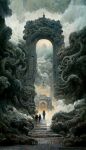  3others absurdres artist_name chinese_commentary cloud commentary_request cthulhu_mythos fog gate highres lord_of_the_mysteries multiple_others sky skyda stairs tentacles watermark 