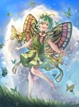  1girl animal antennae aqua_hair barefoot blush bug butterfly butterfly_wings day dress eternity_larva fairy green_dress hair_between_eyes highres insect_wings kopi_(user_ajtn7422) leaf leaf_on_head multicolored_clothes multicolored_dress open_mouth short_hair short_sleeves signature smile solo touhou wings yellow_eyes 