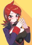  1girl blush breasts cleavage closed_mouth commentary cowlick drunkoak eyelashes genderswap genderswap_(mtf) hands_up highres jacket logo long_hair long_sleeves looking_at_viewer own_hands_together pokemon pokemon_(game) pokemon_hgss purple_jacket red_hair shiny shiny_hair silver_(pokemon) solo steepled_fingers sweat upper_body 