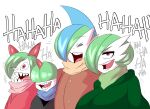  2020 absurd_res ambiguous_gender blue_hair clothed clothing female gallade gardevoir green_hair group hair hair_over_eye hi_res kirlia laugh nintendo one_eye_obstructed open_mouth pok&eacute;mon pok&eacute;mon_(species) ralts red_eyes saltyxodium teeth tongue video_games white_body 