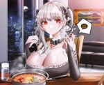  1girl azur_lane black_nails black_ribbon breasts bridal_gauntlets brooch building cellphone chewing chopsticks cityscape commentary_request detached_sleeves eating food formidable_(azur_lane) ga_yeah glass grey_hair hair_ribbon huge_breasts indoors jewelry korean_commentary looking_at_phone moon nail_polish night night_sky noodles painting_(object) phone ramen red_eyes ribbon sitting sky skyscraper smartphone solo speech_bubble twintails 