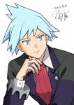  1boy bangs black_jacket blue_eyes blue_hair closed_mouth collared_shirt commentary_request dated hand_up highres jacket jewelry long_sleeves looking_to_the_side male_focus necktie pokemon pokemon_(game) pokemon_oras red_necktie ring shirt short_hair signature smile solo spiked_hair steven_stone tamura_(kouititamura) upper_body white_background white_shirt 