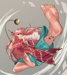  1girl absurdres arms_up ball bandaged_arm bandages bangs bare_shoulders barefoot breasts chain closed_mouth flower flying gold gold_chain green_skirt grey_background hair_between_eyes hands_up highres horns ibaraki ibaraki_douji_(touhou) ibaraki_kasen jewelry leaf legs_up long_hair looking_to_the_side medium_breasts pink_flower pink_hair pink_rose red_eyes reki_(user_rcrd4534) rose shirt simple_background skirt sleeveless sleeveless_shirt smile soles solo teeth touhou white_shirt 