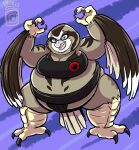  2022 3_fingers 3_toes anthro asian_clothing avian beak belly big_belly big_breasts bird bottomwear breasts claws cleavage clenched_teeth clothed clothing crouching east_asian_clothing falcon falconid feathers feet female fingers hi_res japanese_clothing koya_(tmnt) looking_at_viewer mawashi obese obese_anthro obese_female overweight overweight_anthro overweight_female raised_arm raised_arms royaljellysandwich smile smiling_at_viewer solo spread_legs spreading squatting_position standing sumo sumo_wrestler tail_feathers teeth toe_claws toes topwear wide_eyed wings 