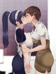 2girls blue_eyes blue_hair blush breast_press breasts brown_hair character_request commentary_request copyright_request highres kiss lilim long_hair mole mole_on_cheek multiple_girls ponytail purple_eyes short_hair yuri 