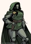  1girl absurdres apoloniodraws arm_at_side armor belt bespectacled black_hair breastplate brown_belt cloak doctor_doom genderswap genderswap_(mtf) glasses green_cloak green_eyes green_tunic grey_background hair_over_shoulder hand_on_hip highres holster hood hooded_cloak long_hair marvel mask power_armor solo standing 