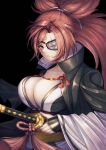  1girl absurdres amputee baiken black_background breasts cleavage eyepatch facial_mark facial_tattoo guilty_gear guilty_gear_strive highres holding holding_sword holding_weapon japanese_clothes katana kimono large_breasts long_hair looking_at_viewer one-eyed open_clothes open_kimono pink_hair ponytail scar scar_across_eye scar_on_face simple_background solo sword tattoo tomeyan weapon 