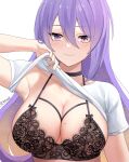  1girl armpits bangs blonde_hair blush breasts choker cleavage clothes_lift dobure18 gradient_hair hair_between_eyes highres hololive hololive_indonesia large_breasts lingerie long_hair looking_at_viewer mole mole_on_breast moona_hoshinova multicolored_hair purple_eyes purple_hair shirt shirt_lift smile solo two-tone_hair underwear virtual_youtuber white_background 