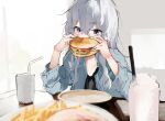  1girl bangs bendy_straw black_shirt blue_jacket blurry blurry_foreground blush burger character_request commentary_request cup depth_of_field disposable_cup drinking_straw eating food french_fries grey_hair hair_between_eyes hands_up holding holding_food indoors jacket lamb_(hitsujiniku) long_hair long_sleeves open_clothes open_jacket plate purple_eyes shirt solo upper_body urasekai_picnic 