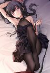  1girl armpits bare_arms bed_sheet black_dress black_hair black_pantyhose closed_mouth dress highres holding holding_leash leash long_hair looking_at_viewer lying nakamura_rohane no_shoes on_back original pantyhose pov purple_eyes smile solo viewer_on_leash 