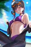  1girl ;d absurdres backlighting bangs bikini black_hair blue_sky blush bodysuit breasts commission day diving_suit grin highres long_hair looking_at_viewer medium_breasts navel one_eye_closed original outdoors ponytail purple_bikini purple_eyes scuba skeb_commission sky smile snorkel solo sun sunlight swimsuit undressing wetsuit yayoi_maka 