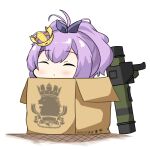  1girl azur_lane blush box chibi chinese_commentary closed_eyes commentary_request crown eyebrows_hidden_by_hair fgm-148_javelin highres in_box in_container javelin_(azur_lane) mini_crown object_namesake purple_hair royal_navy_(emblem) speexc 