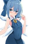  1girl 9150namihana absurdres bangs blue_bow blue_dress blue_eyes blue_hair blush bow cirno dress flower food hair_bow highres holding holding_food looking_at_viewer navel popsicle short_hair simple_background sleeveless solo sunflower touhou white_background 