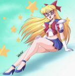  1girl 2022 absurdres aino_minako bishoujo_senshi_sailor_moon blonde_hair blue_eyes blue_footwear bow breasts choker codename_wa_sailor_v crescent crescent_facial_mark danmakuman earrings facial_mark forehead_mark full_body gloves hair_bow high_heels highres jewelry long_hair medium_breasts midriff miniskirt navel open_mouth pleated_skirt sailor_v shoulder_pads signature skirt smile solo starry_background very_long_hair white_choker white_gloves 