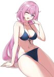  1girl :d absurdres bangs bikini black_bikini black_swimsuit blue_eyes breasts cleavage collarbone elf elysia_(honkai_impact) highres honkai_(series) honkai_impact_3rd leticia navel one_eye_closed open_mouth pink_hair pointy_ears ponytail shadow simple_background sitting smile solo swimsuit white_background 