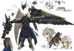  1boy anonymous_(yu-gi-oh!) armor artist_request bandolier bird_boy blue_eyes brown_hair duel_monster feather_hair feathered_wings full_body grenade_launcher helmet highres holding holding_weapon long_hair male_focus mechanical_wings official_art outstretched_arms production_art prosthetic_wing reference_sheet spread_arms translation_request tri-brigade_mercourier tri-brigade_shuraig_the_ominous_omen weapon wings yu-gi-oh! 