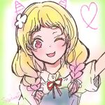  1girl bangs birthday blonde_hair blush braid commentary drawing flower gradient gradient_background gradient_hair green_background hair_flower hair_ornament heart horns long_hair looking_at_viewer love_live! love_live!_superstar!! multicolored_hair one_eye_closed oni_horns onitsuka_natsumi pink_eyes pink_hair school_uniform signature solo suzuhara_nozomi twin_braids upper_body white_background yuigaoka_school_uniform 