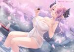  1girl :d blue_eyes bottle breasts bug butterfly cherry_blossoms cherry_tree choko_(cup) cleavage covered_nipples cup draph granblue_fantasy hair_over_one_eye hair_up hand_on_own_chest holding holding_cup horns large_breasts looking_at_viewer naked_towel narmaya_(granblue_fantasy) onsen partially_submerged patreon_username pink_hair pointy_ears sake_bottle sebu_illust sitting smile solo towel 