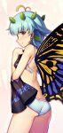  1girl antennae aqua_hair blue_panties butterfly_wings chima_q closed_mouth cowboy_shot eternity_larva fairy hair_between_eyes highres leaf leaf_on_head panties polka_dot polka_dot_panties short_hair smile solo touhou underwear wings yellow_eyes 