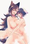  2girls after_kiss age_difference animal_ears black_hair blush breasts brown_hair collarbone completely_nude cuddling fingering flat_chest heart highres imaizumi_kagerou inaba_tewi large_breasts long_hair looking_at_another multiple_girls mutual_masturbation navel nipples nude oettenaru onee-loli open_mouth rabbit_ears rabbit_girl saliva saliva_trail short_hair simple_background sweat teeth tongue tongue_out touhou upper_teeth very_long_hair white_background wolf_ears wolf_girl yellow_eyes yuri 