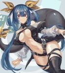  1girl bangs belt black_choker black_panties black_thighhighs blue_hair breasts center_opening choker cleavage collarbone commission detached_sleeves dizzy_(guilty_gear) guilty_gear guilty_gear_x guilty_gear_xx hair_between_eyes hair_ribbon hair_rings highres large_breasts long_hair long_sleeves looking_at_viewer monster_girl navel no_wings oeillet_vie panties parted_lips puffy_long_sleeves puffy_sleeves red_eyes ribbon sidelocks simple_background skeb_commission skindentation solo stomach tail tail_ornament tail_ribbon thick_thighs thigh_gap thigh_strap thighhighs thighs twintails underboob underwear wings yellow_ribbon 
