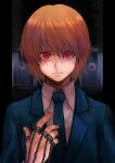 1boy blue_necktie blue_suit chain closed_mouth disembodied_eye eyeball fingernails formal hair_between_eyes hunter_x_hunter jewelry kurapika looking_at_viewer male_focus natrium_picture necktie orange_hair pinky_ring red_eyes ring silk solo spider_web suit tagme thumb_ring upper_body 
